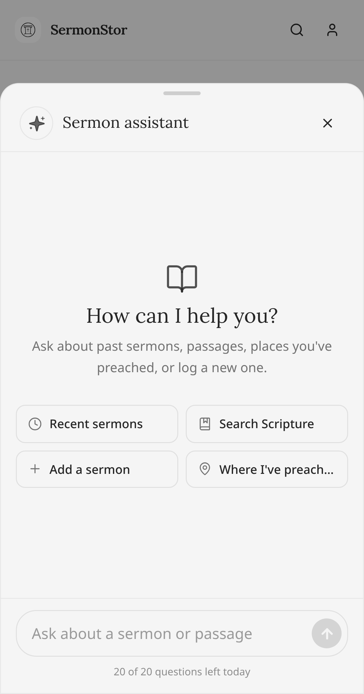 SermonStor AI sermon assistant shown as a bottom sheet