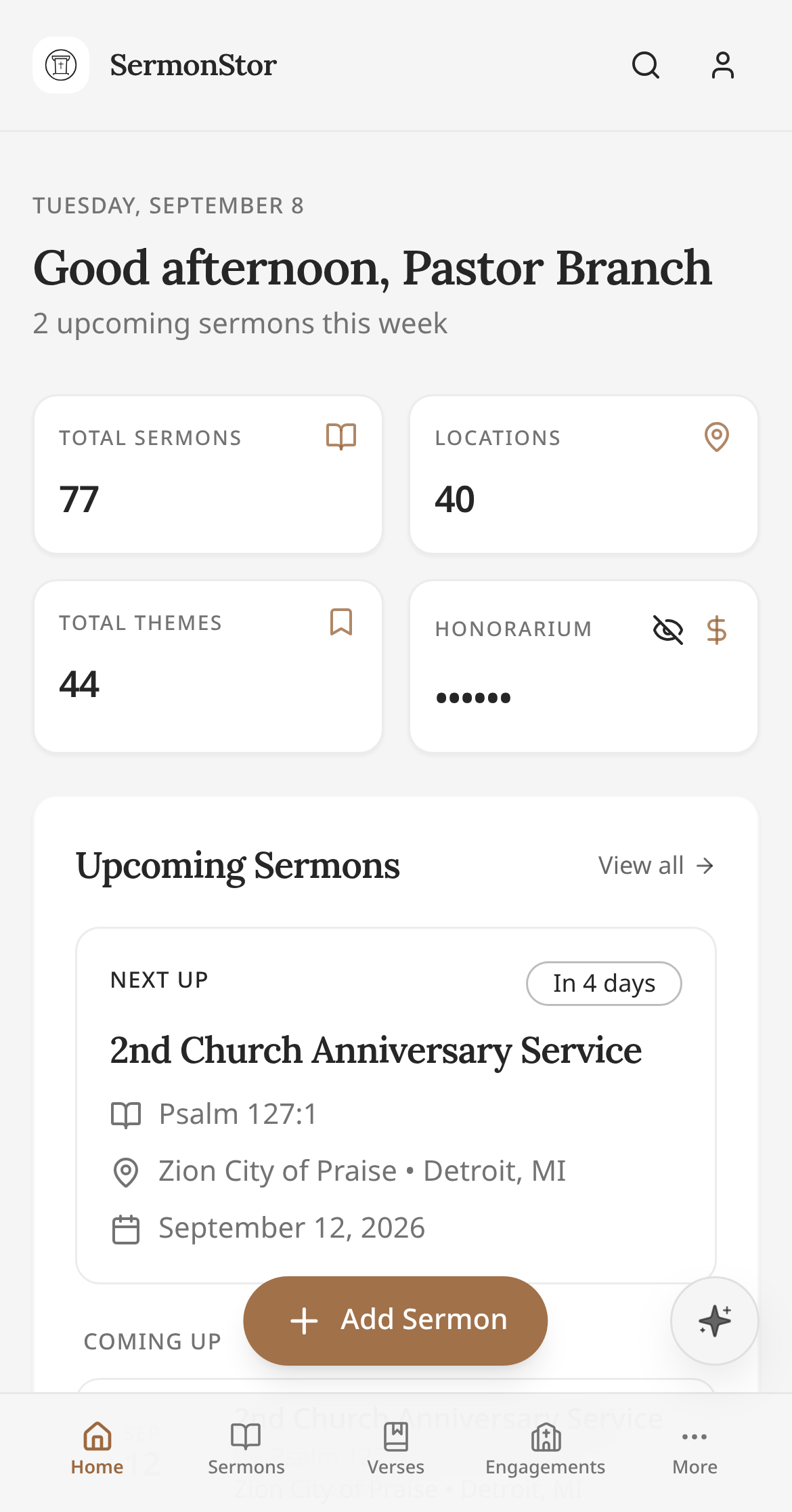 SermonStor home dashboard