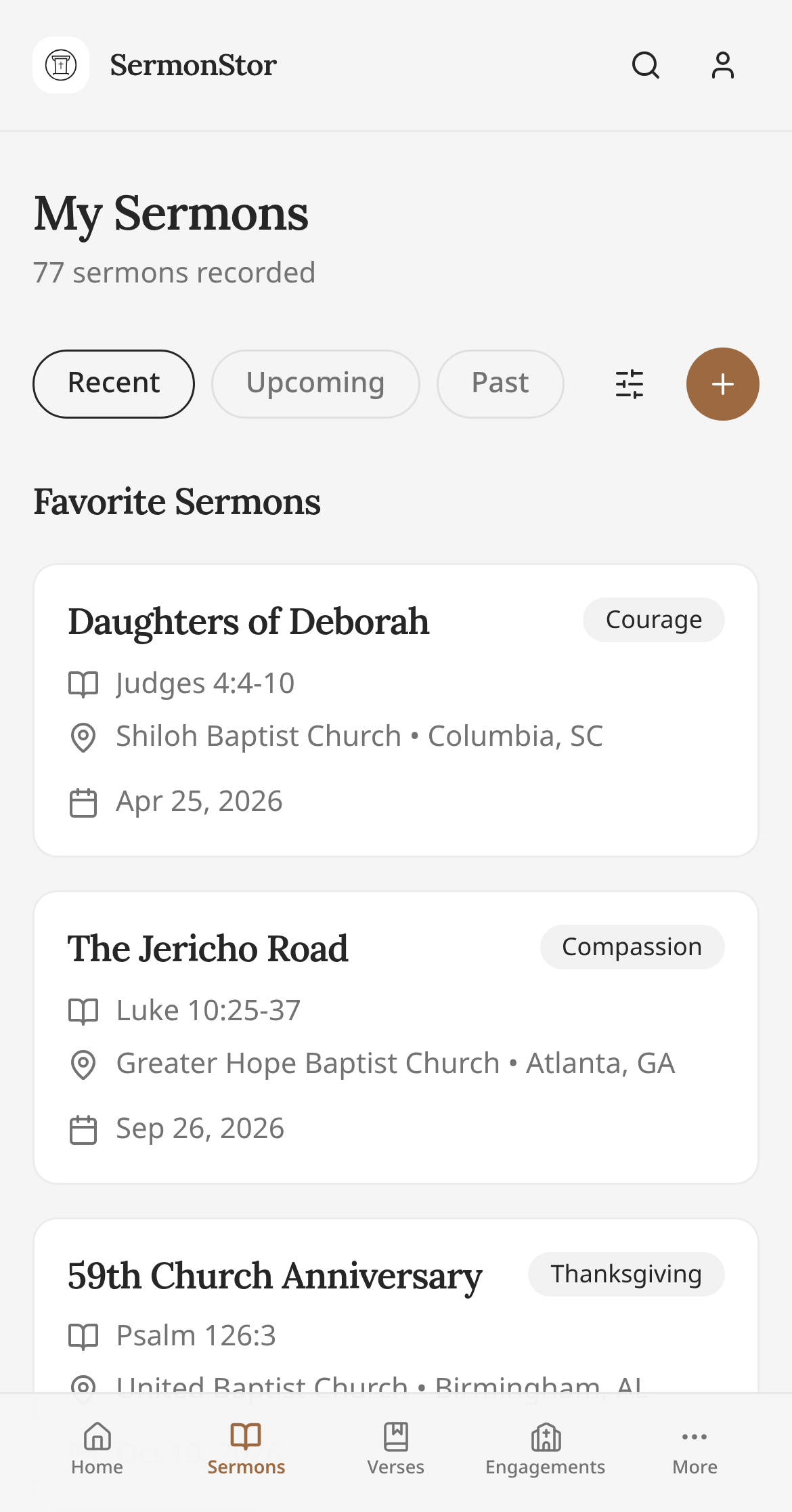 SermonStor sermon library with recent messages