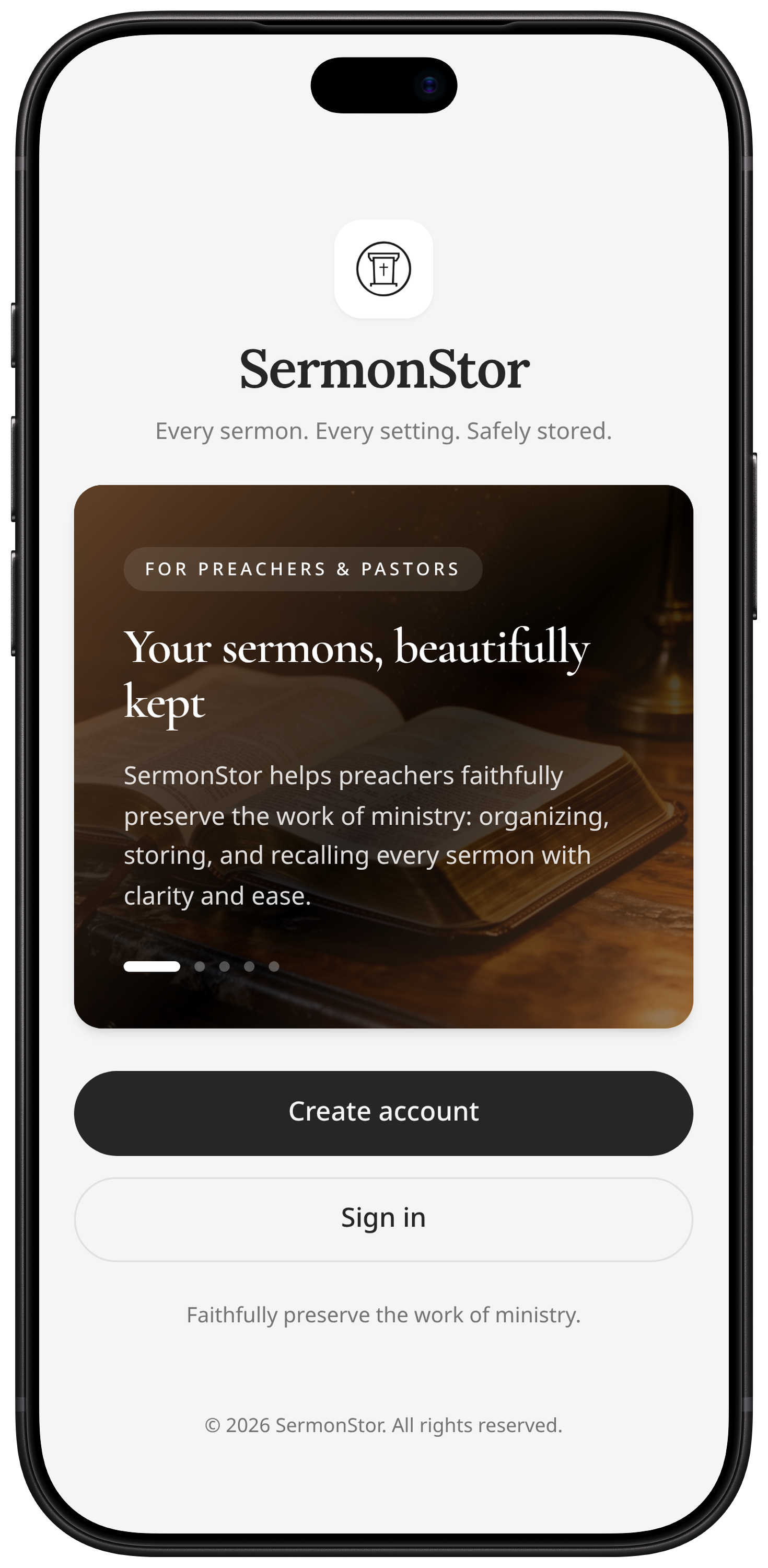 SermonStor welcome screen on iPhone